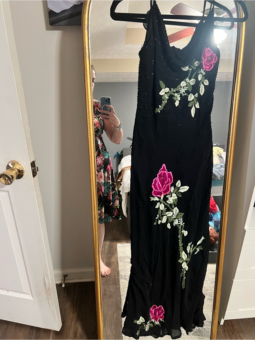 Sue Wong Embroidered Maxi Dress with Pink Roses Beaded